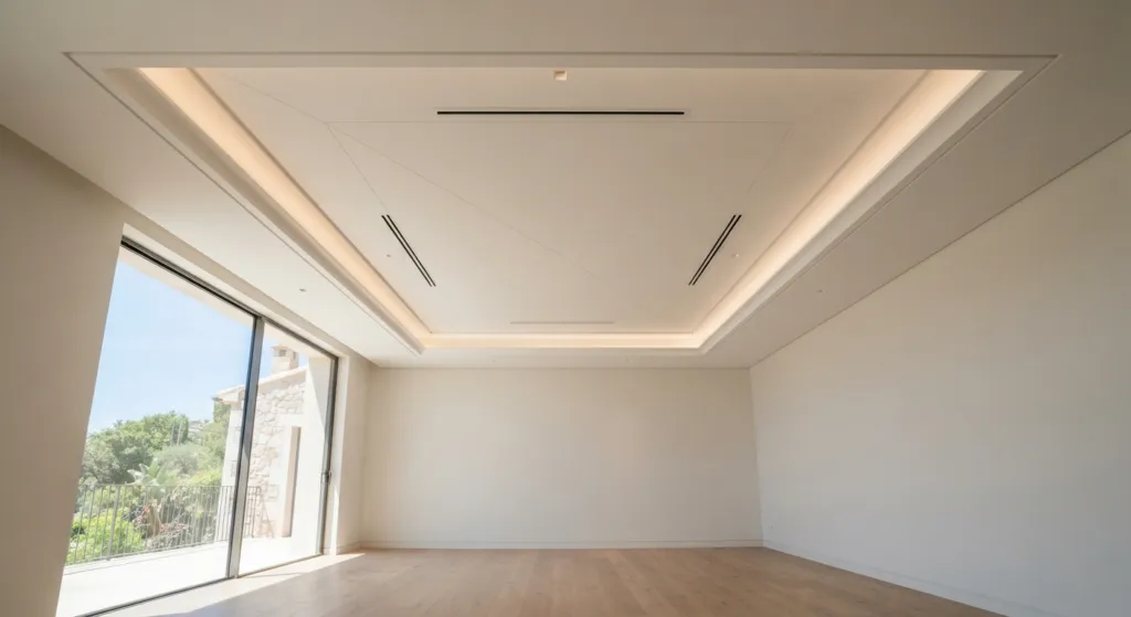 Faux plafond suspendu avec gorge lumineuse LED indirecte et plénum technique