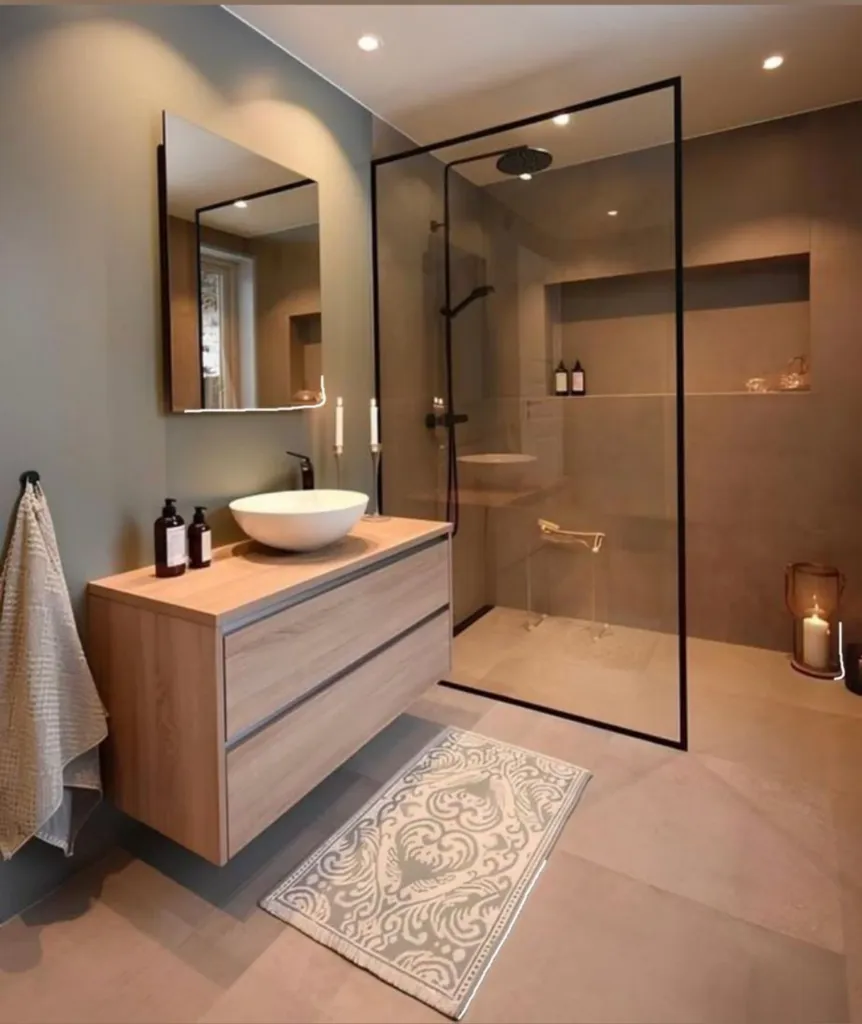 Salle de bain contemporaine douche à l'italienne paroi noire et vasque suspendue